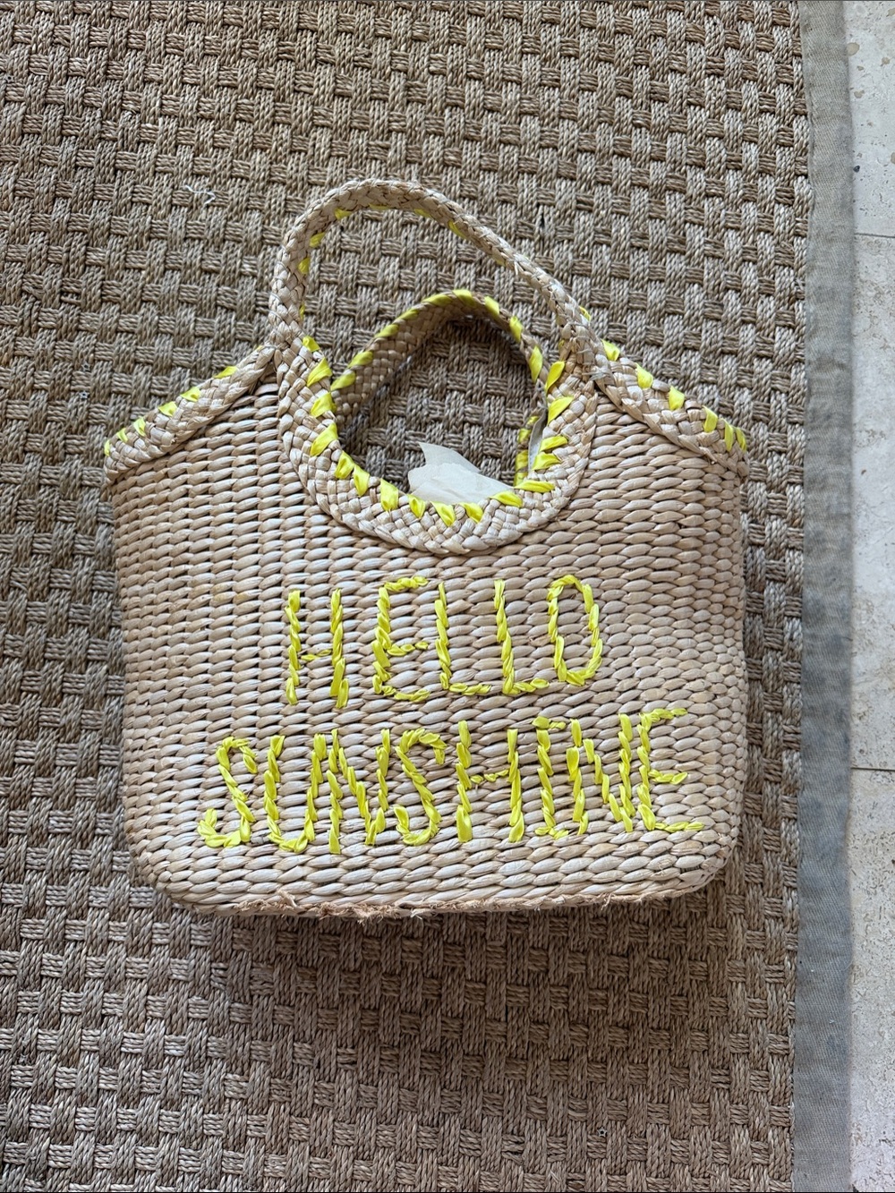 Kate Spade vintage Natural Straw Tote with Neon Yellow 'HELLO SUNSHINE'